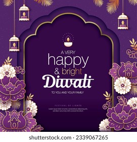 Feliz diseño de Diwali con luces y fondo de flores. Plantillas para afiches, tarjetas de felicitación, banner, portada o volante.