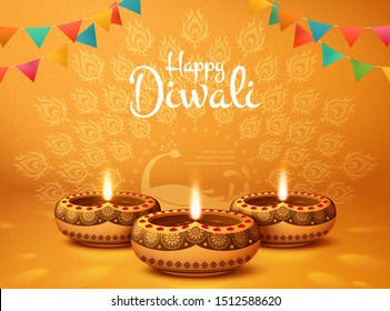 Happy diwali design with oil lamps and peacock chrome yellow background