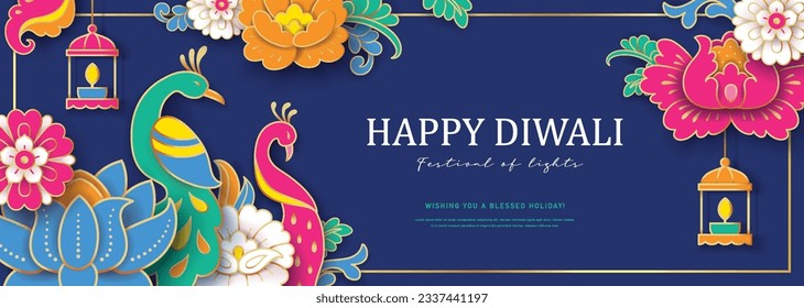 Feliz diseño de Diwali con pavo real, luces y fondo de flores. Plantillas para banner, afiche, tarjeta de saludo, portada o volante.