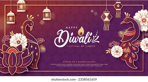 Feliz diseño de Diwali con pavo real, luces y fondo de flores. Plantillas para banner, afiche, tarjeta de saludo, portada o volante.