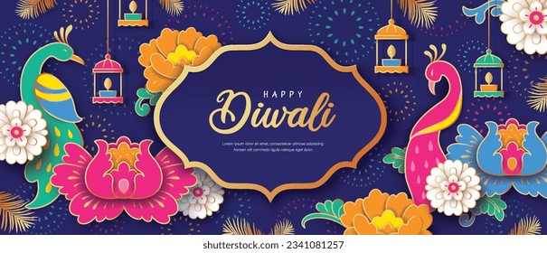 Feliz diseño de Diwali con pavo real, luces y fondo de flores. Plantillas para banner, afiche, tarjeta de saludo, portada o volante.