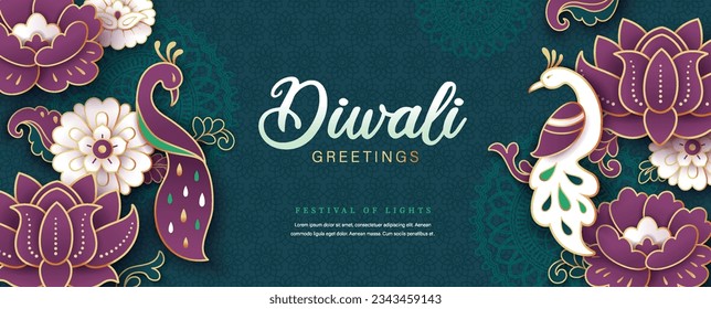 Feliz diseño Diwali con pavos reales, luces y hermosos antecedentes de flores. Plantillas para banner, afiche, tarjeta de saludo, portada o volante.