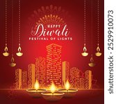 Happy Diwali design with real estate building with oil lamp Diya vector elements.