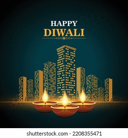 Happy Diwali design with real estate building with oil lamp Diya vector elements. - Shutterstock ID 2208355471