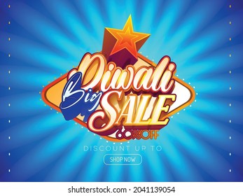 Happy Diwali design, sale, offer, with Diya oil lamp elements, rangoli background, bokeh sparkling effect