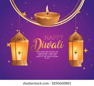 Happy diwali diya candle and lanterns design, Festival of lights theme Vector illustration