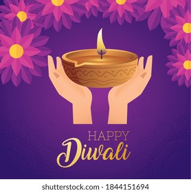 Happy diwali diya candle over hands with flowers design, Festival of lights theme Vector illustration