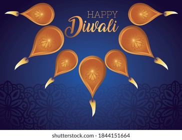 Happy diwali diya candles on blue background design, Festival of lights theme Vector illustration