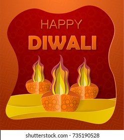 Happy Diwali diya Hindu festival 3D paper greeting card design. Easy style, can be used flyers, banners or web. Oil lamp with fire. Handmade ornament and vintage elements. Vector illustration. EPS 10.
