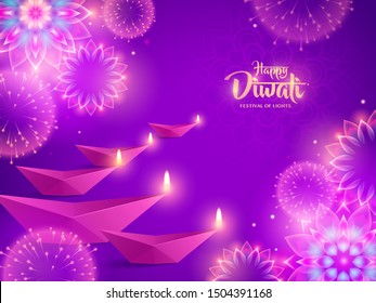 Happy Diwali with Diya and luminous flower Rangoli. Indian festival of lights.