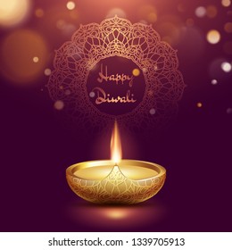 Happy diwali diya oil lamp template. Indian deepavali hindu festival of lights. EPS 10