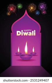 Feliz Diwali Diya en fuegos artificiales de la puerta en cartel de Vector nocturno