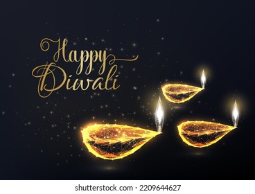 Happy Diwali elegant greeting card template with gold oil Diya lamps and text on black background