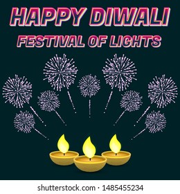 Happy Diwali elements design. Lettering logo. Neon font. Salute. Oil lamp. Vector.