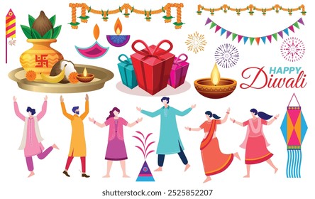 Happy Diwali Elements with Traditional Gifts, Diyas, Fireworks, and Dancing Figures Illustration