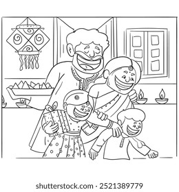 happy diwali, diwali family illustrations, people celebrating diwali by putting diyas in their home, diwali illustrations