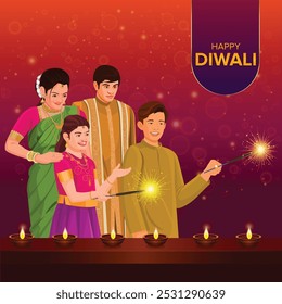 Diwali feliz con la familia feliz, festival indio de luces, tarjeta de felicitación de la celebración de Diwali, fondo de vacaciones, 