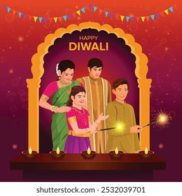 Fröhliches Diwali mit glücklicher Familie, Indisches Lichterfest, Diwali-Feier Grußkarte, Feiertag Hintergrund,