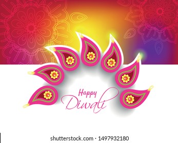 Happy Diwali festival background with diya lamps and rangoli, Diwali celebration greeting card, vector illustration.