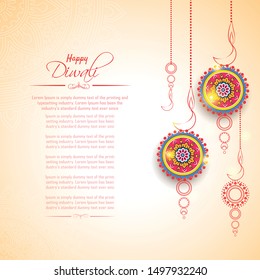 Happy Diwali festival background with diya lamps and rangoli, Diwali celebration greeting card, vector illustration.