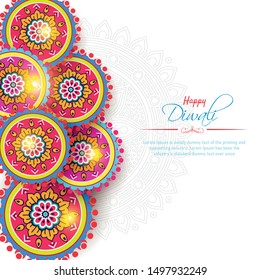 Happy Diwali festival background with diya lamps and rangoli, Diwali celebration greeting card, vector illustration.