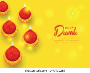 Happy Diwali festival background with diya lamps and rangoli, Diwali celebration greeting card, vector illustration.