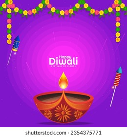 Happy Diwali festival background with Diwali diya lamp and fireworks and colorful flowers. Vector illustration.