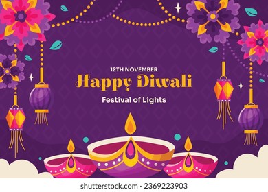 Happy Diwali Festival background. November 12. Diwali festival celebration. Vector illustration. Poster, Banner, Greeting Card, Flyer, Invitation Card, Cover, Template. Festival of Lights. Deepawali.