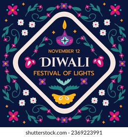 Happy Diwali Festival background. November 12. Diwali festival celebration. Vector illustration. Poster, Banner, Greeting Card, Flyer, Invitation Card, Cover, Template. Festival of Lights. Deepawali.