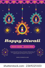 Happy Diwali Festival background. November 12. Diwali festival celebration. Vector illustration. Poster, Banner, Greeting Card, Flyer, Invitation Card, Cover, Template. Festival of Lights. Deepawali.