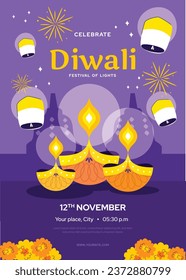 Happy Diwali Festival background. November 12. Diwali festival celebration. Vector illustration. Poster, Banner, Greeting Card, Flyer, Invitation Card, Cover, Template. Festival of Lights. Deepawali.