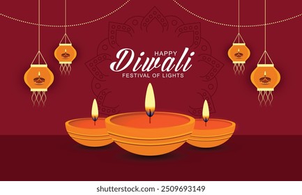 Happy Diwali festival background with realistic oil lamp. Diwali background design for banner, poster, flyer, website banner