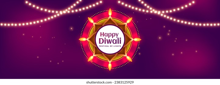 Happy Diwali festival banner design with beautiful mandala, illuminated oil lamps and decoration of hanging lights on dark purple background for Diwali Celebration.