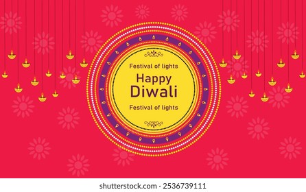 Happy Diwali festival banner design with decoration of hanging illuminated oil lamps and lights on beautiful pinkish red background for Diwali Celebration