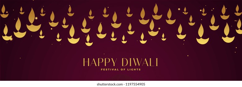 happy diwali festival banner with golden diya in different sizes