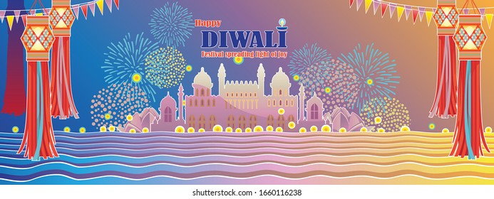 Happy diwali festival banner. Greeting card for light festival of India. Indian hindu style building. Burning diya. Festival fireworks banner for diwali. Celebrates the magnificent and holy diwali.