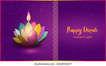 Happy Diwali festival banner. Vector abstract flat illustration for the holiday, Colourful Lotus Diya lamp lit during Dipavali, Hindu festival of lights celebration