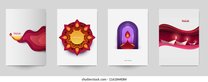 Happy Diwali festival beautiful design template. Minimal composition in paper cut style. Set holiday background for branding greeting card, banner, cover, flyer or poster. Vector illustration.