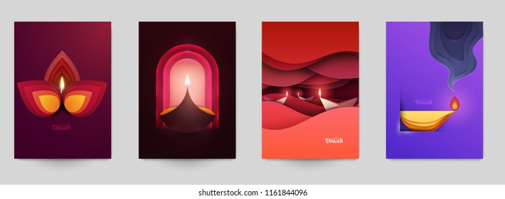 Happy Diwali festival beautiful design template. Minimal composition in paper cut style. Set holiday background for branding greeting card, banner, cover, flyer or poster. Vector illustration.