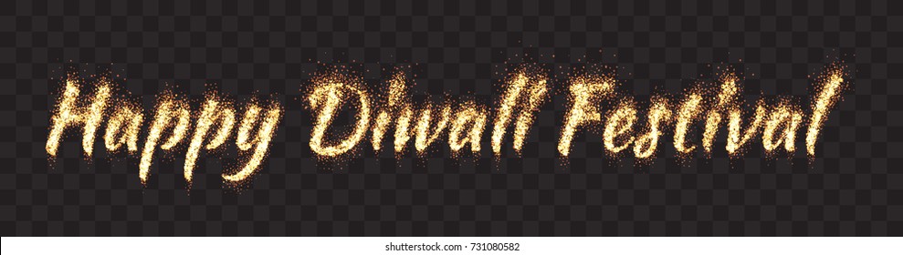 Happy Diwali Festival Bright Golden Shimmer Scatter Particles Text Vector Banner on Transparent Background. Flame Glowing Letters Design Element