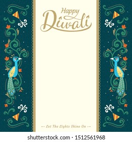 Happy Diwali festival card design with copy space and suspicious peacock decoration in flat style