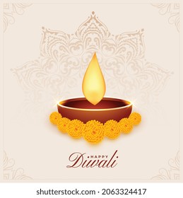 happy diwali festival card with dia and flowers