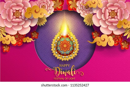 Happy Diwali festival card with gold diya patterned and crystals on paper color Background. Happy Diwali festival card with gold diya patterned and crystals on paper color Background.
