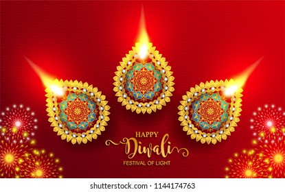 Happy Diwali festival card with gold diya patterned and crystals on paper color Background. Happy Diwali festival card with gold diya patterned and crystals on paper color Background.