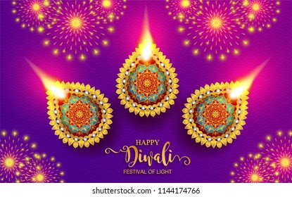 Happy Diwali festival card with gold diya patterned and crystals on paper color Background. Happy Diwali festival card with gold diya patterned and crystals on paper color Background.