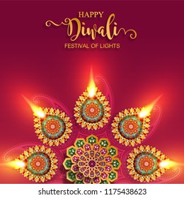 Happy Diwali festival card with gold diya patterned and crystals on paper color Background. Happy Diwali festival card with gold diya patterned and crystals on paper color Background.