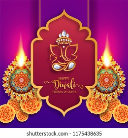 Happy Diwali festival card with gold diya patterned and crystals on paper color Background. Happy Diwali festival card with gold diya patterned and crystals on paper color Background.