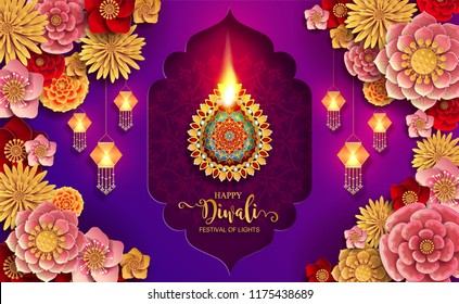 Happy Diwali festival card with gold diya patterned and crystals on paper color Background. Happy Diwali festival card with gold diya patterned and crystals on paper color Background.