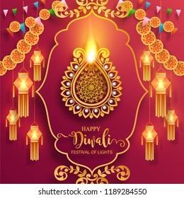 Happy Diwali Festival Card Gold Diya Stock Vector (Royalty Free) 1189284550