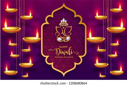 Happy Diwali festival card with gold diya patterned and crystals on paper color Background. Happy Diwali festival card with gold diya patterned and crystals on paper color Background.